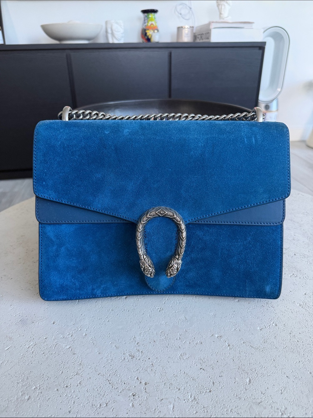 Blue Suede Shoulder Bag with Silver Chain and Snake Hardware